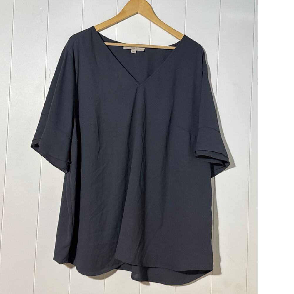 LOFT Plus Size 24 Gray V Neck Short Sleeve Blouse Keyhole Back Relaxed
